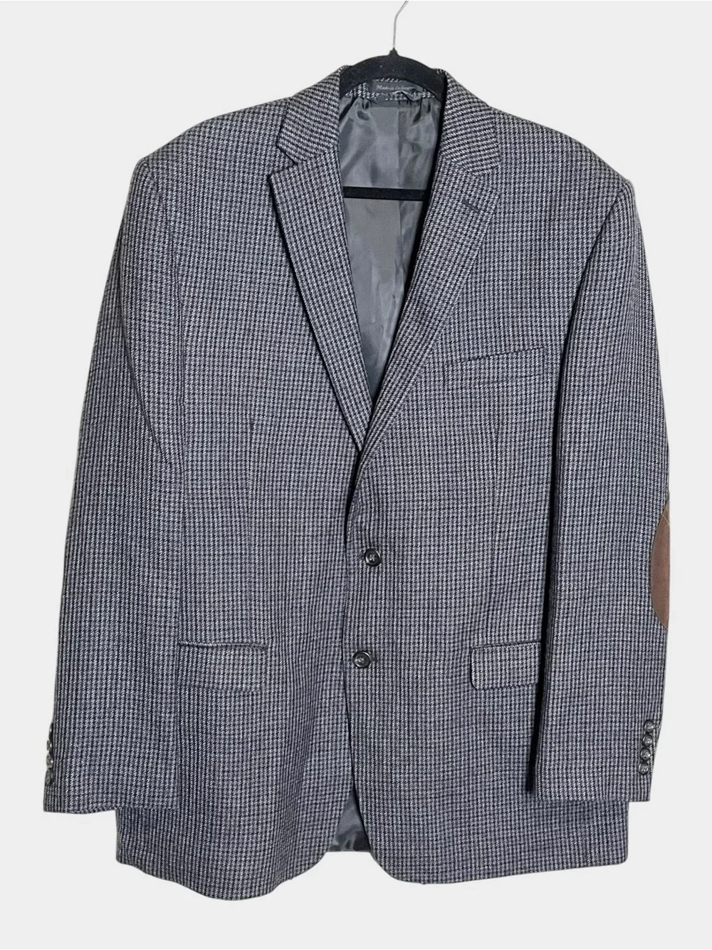 CHAPS Gray Blue Houndstooth Wool Sport Coat Blazer 44L Elbow Patches